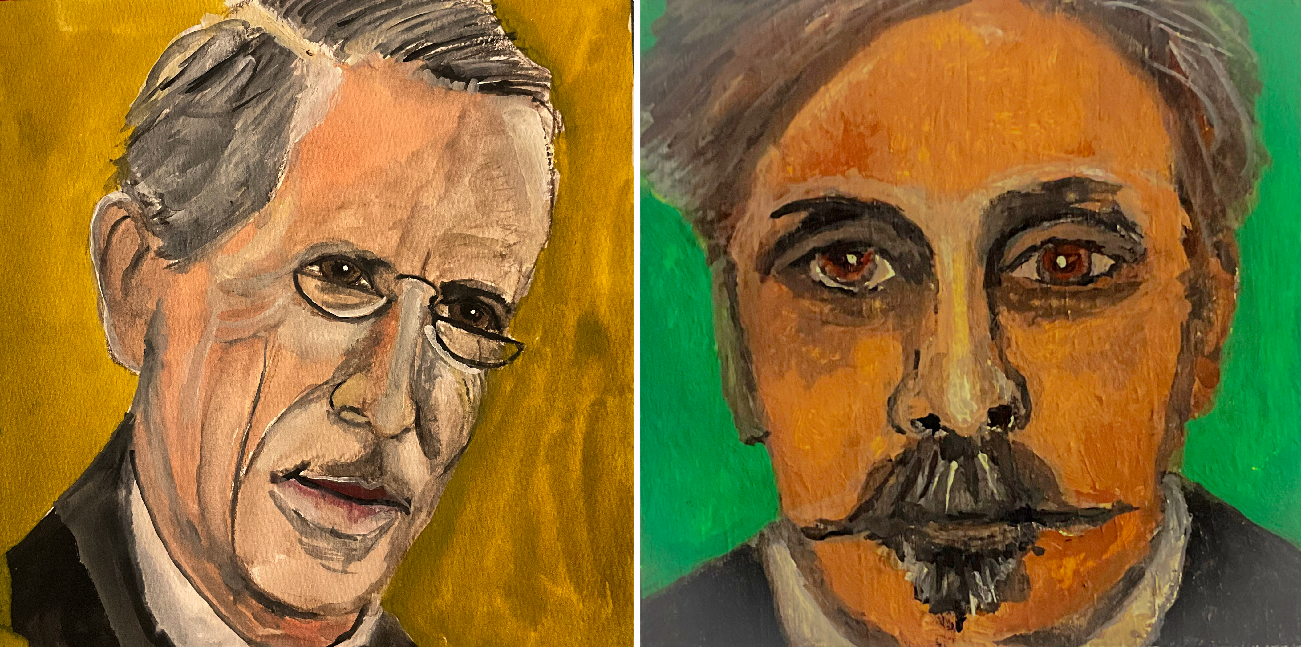 Side-by-side portraits of philosopher Pierre Teilhard de Chardin and composer Gabriel Fauré.
